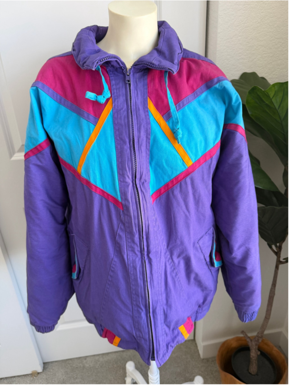 Vintage 80s 90s Colorblock Ski Jacket Purple Pink Teal Retro M